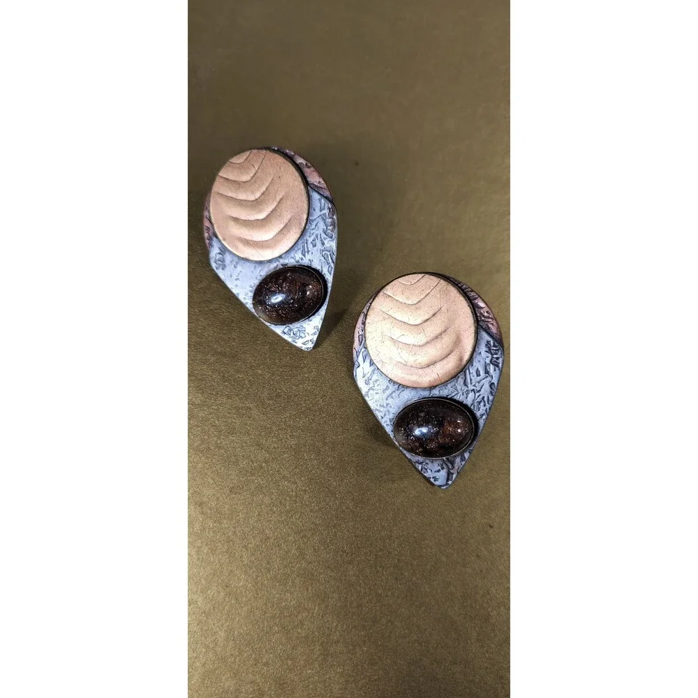 Vintage 80's Modernist Clip On Earrings Mixed Metal Copper Silver Tone Textured
